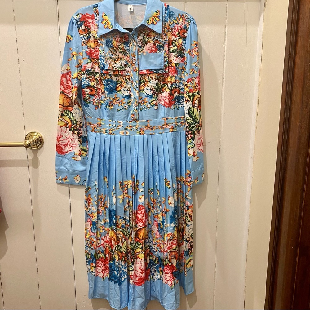 Blue Long Sleeve Dress with Colorful Floral Print